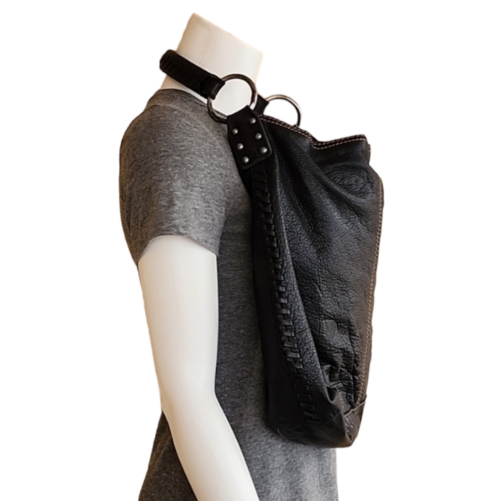 LUCKY BRAND Whipstitch Black Pebbled Leather Hobo Shoulder Bag Studs VINTAGE Y2K - Picture 6 of 16